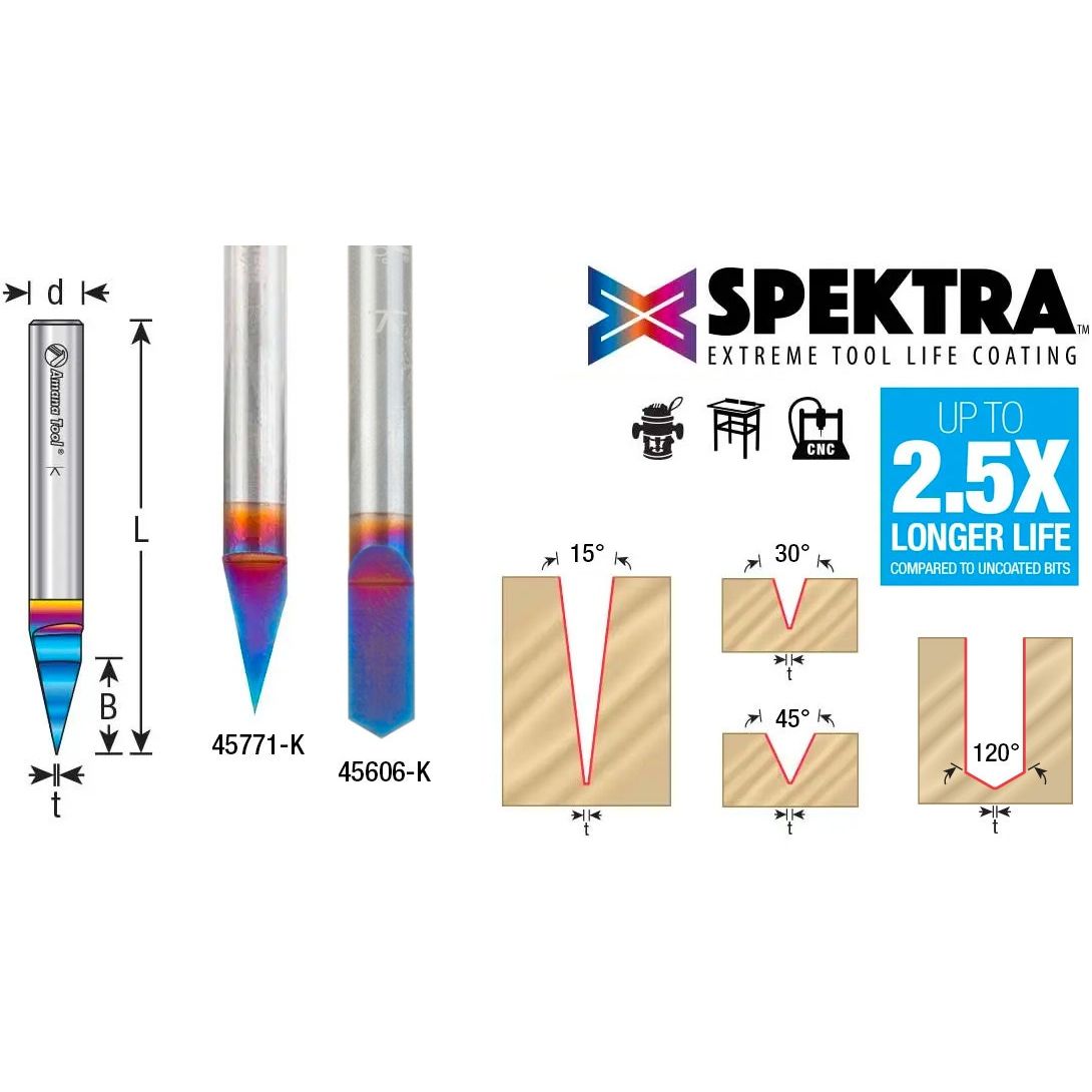 Amana Tool Solid Carbide CNC Spiral 'O' Flute Router Bit - 1/8" Dia, 1/2" Cut, 1/8" Shank, Down-Cut